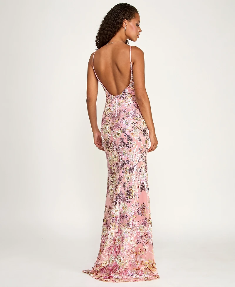 Emerald Sundae Juniors' Floral Sequin Scoop Neck Gown