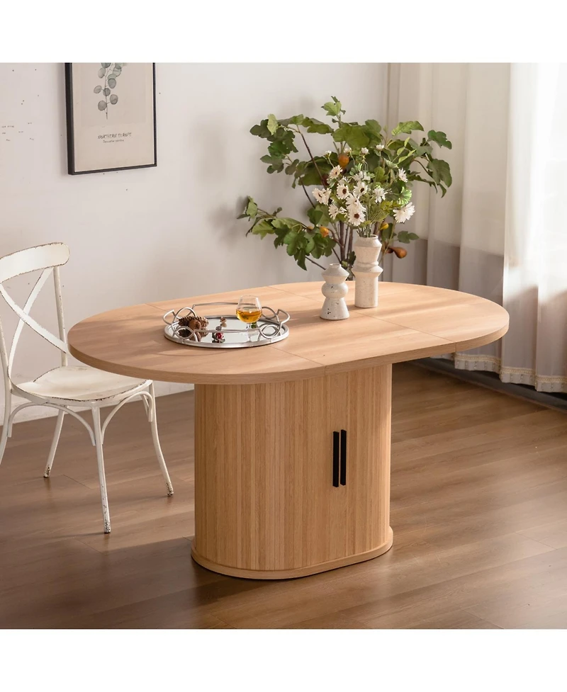 Streamdale Furniture 59 Inch Oval Dining Table for 4-6 with 2-Layer Storage Shelf and Wood Slide Door