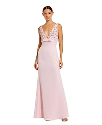 Mac Duggal Women's Crepe Sleeveless Beaded V Neck Gown With Bow