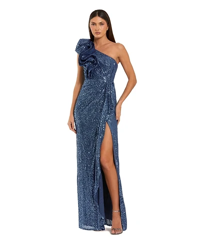 Mac Duggal Women's One Shoulder Sequin Ruffle Detail Gown