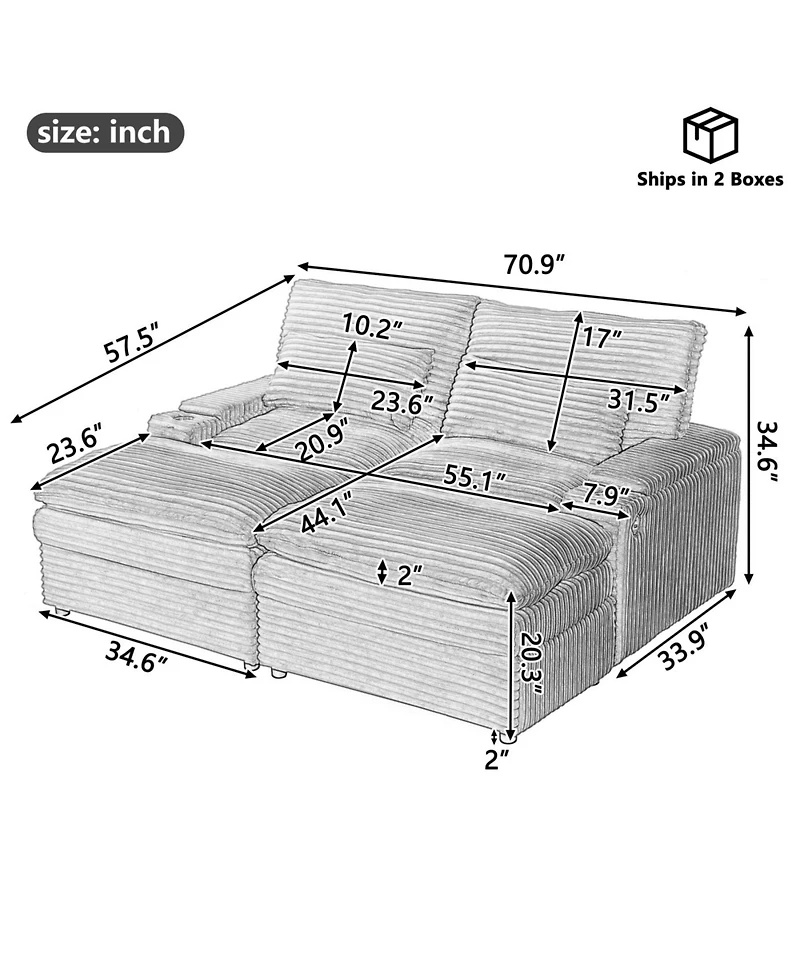 Streamdale Furniture Loveseat Sofa 70.9" Sectional Convertible Bed w/Storage, Ottomans, Usb & Cup Holders