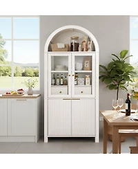 Streamdale Furniture 71" Fluted Tall Arched Pantry Cabinet with Hidden Drawer & Glass Door, White