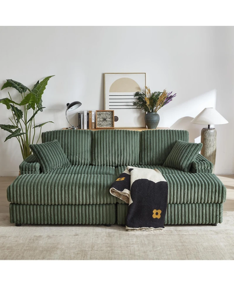 Streamdale Furniture Streamdale 84Inch Corduroy 3-Seater Sofa with Pillows, Ottomans, Storage & Cup Holders