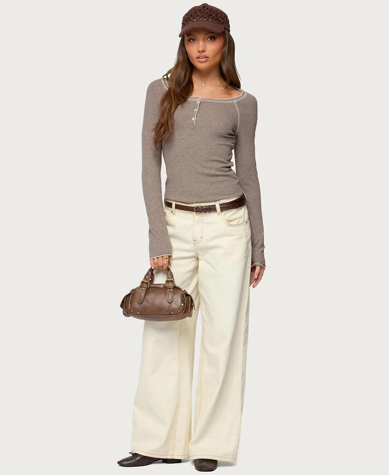 Edikted Women's Ensley Contrast Stitch Henley Top