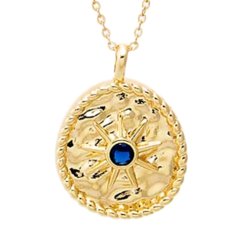 by Adina Eden Blue Cubic Zirconia Gold Plated Textured Coin Necklace