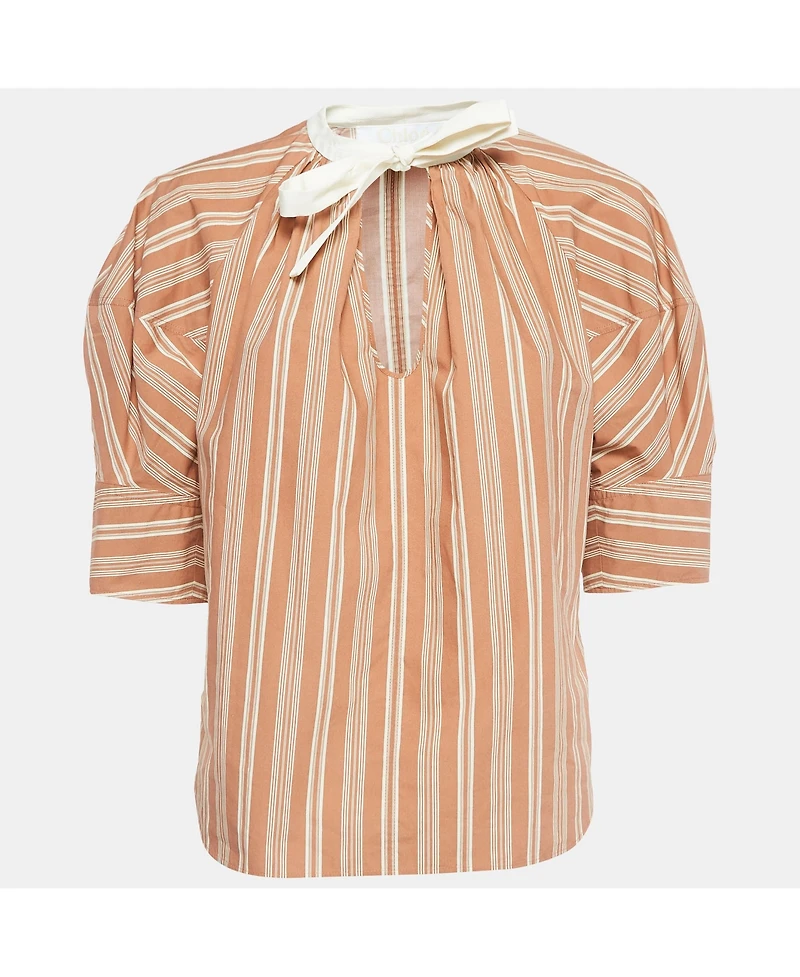 Pre-Owned Chloe Women's Brown Stripe Print Silk Neck Tie Up Top