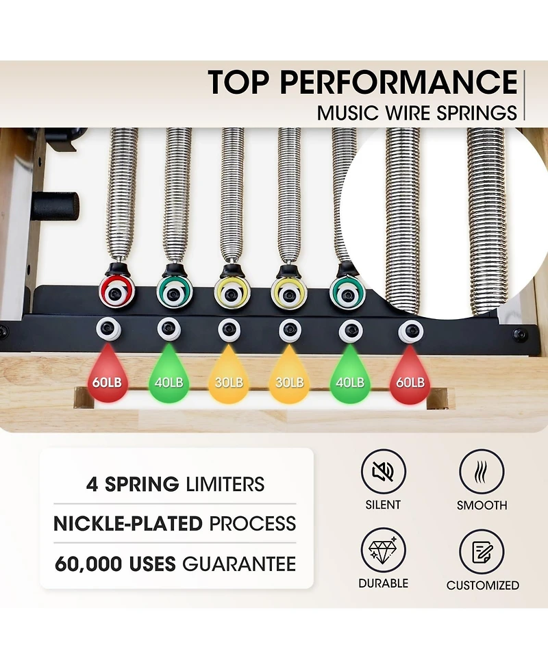 Mikolo Wooden Foldable Pilates Reformer Machine with Springs, Pilates Machines for Home Use and Studio, Pilates Equipment with Sitting Box