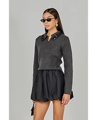 endless rose Women's Knit Jewel Trim Collared Sweater