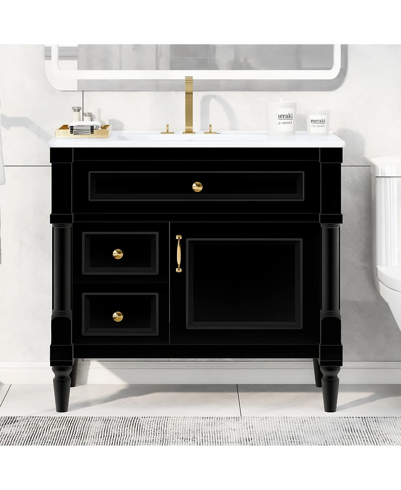 Casainc Bathroom Vanity with Ceramic Sink Flip Drawer Adjustable Shelf