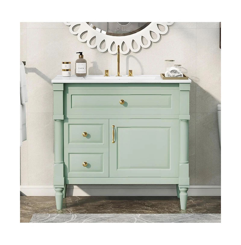 Casainc Bathroom Vanity with Ceramic Sink Flip Drawer Adjustable Shelf