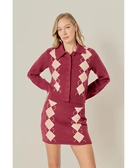 English Factory Women's Collared Argyle Knit Cardigan