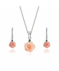 Bling Jewelry Romantic Floral 3D Pink Rose Green Cz Accent Pendant Necklace & Lever back Dangle Earrings Jewelry Set Sterling Silver