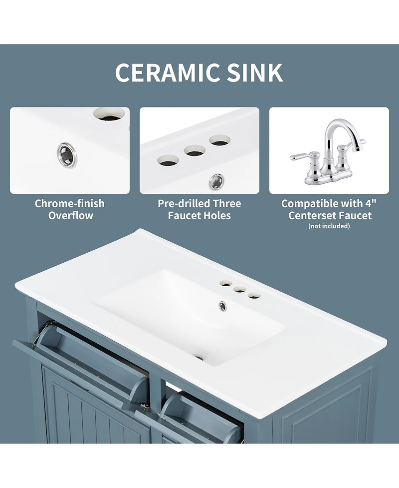 Casainc Freestanding Bathroom Vanity with Ceramic Sink Flip Drawers and Adjustable Shelf