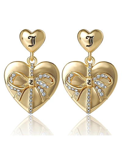 Juicy Couture Quilted Double Heart Drop Earrings, Gold Tone with Crystal Accents