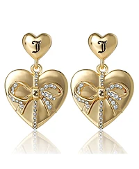 Juicy Couture Quilted Double Heart Drop Earrings, Gold Tone with Crystal Accents