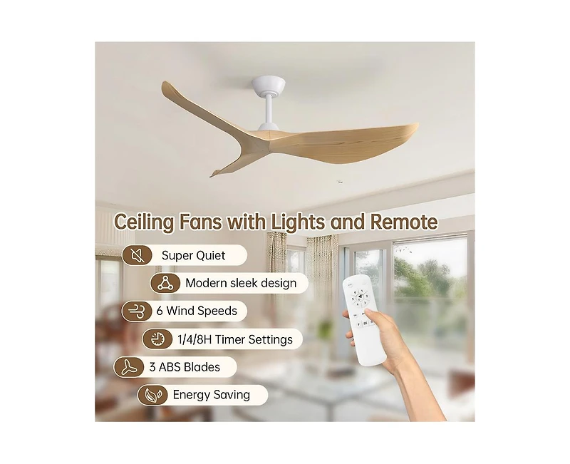 Sofucor 52-Inch Modern Lightweight White Ceiling Fan with Remote Control and 3 Blades