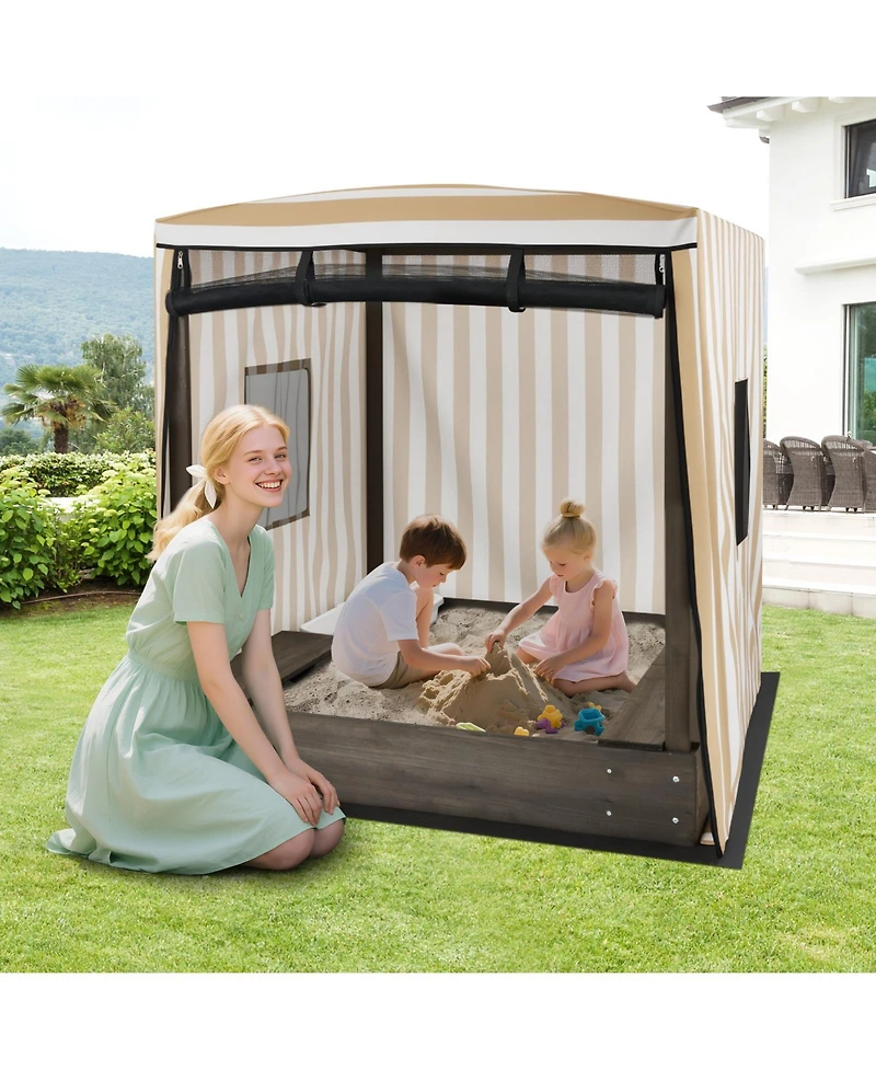 Hongge Wooden Sandbox with Adjustable Canopy and Storage Bench for Kids Ages 3