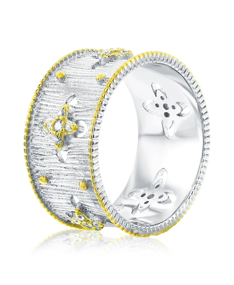 Suzy Levian New York Sterling Silver Cubic Zirconia Brushed Italian Florentine Extra Wide Band Eternity Ring