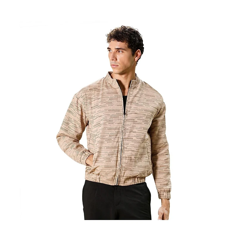Campus Sutra Men's Sand Beige Lined-Jacquard Bomber Jacket