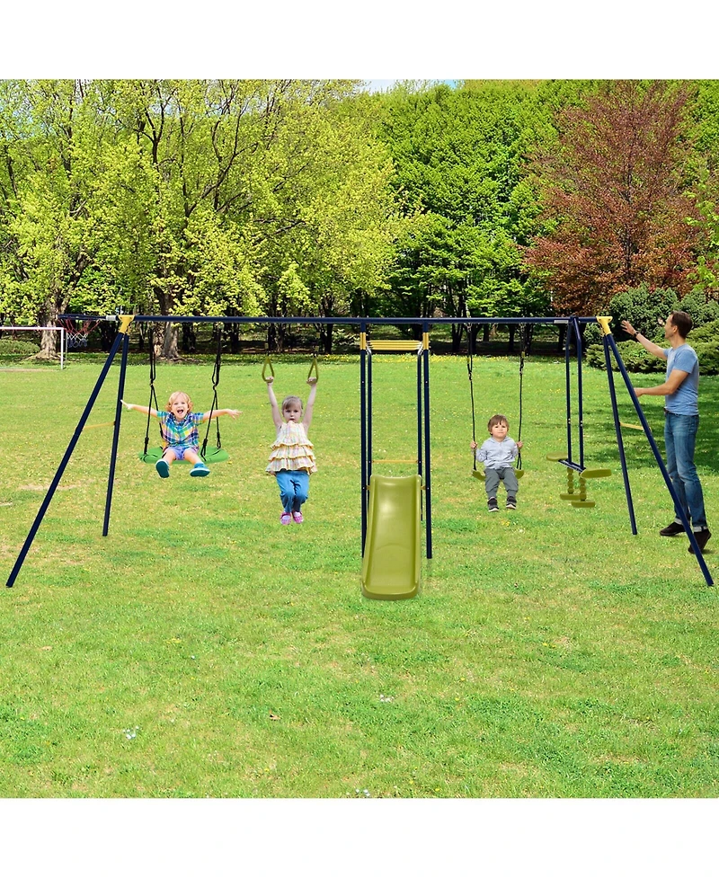 Hongge Kids Outdoor 7 in 1 Metal Swing Set with Slide Monkey Bar and Basketball Hoop