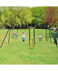 Hongge Kids Outdoor 7 in 1 Metal Swing Set with Slide Monkey Bar and Basketball Hoop