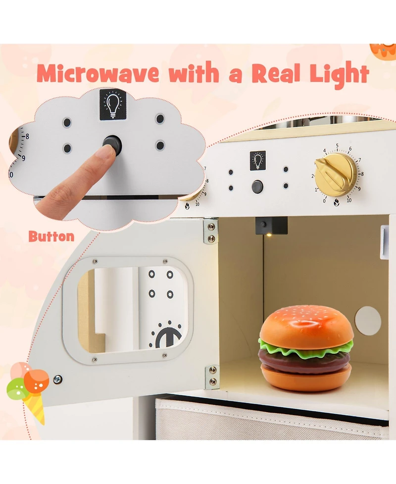 Skonyon Wooden Kids Kitchen Playset with Chalkboard Ice Maker Sink Lighted Microwave-White