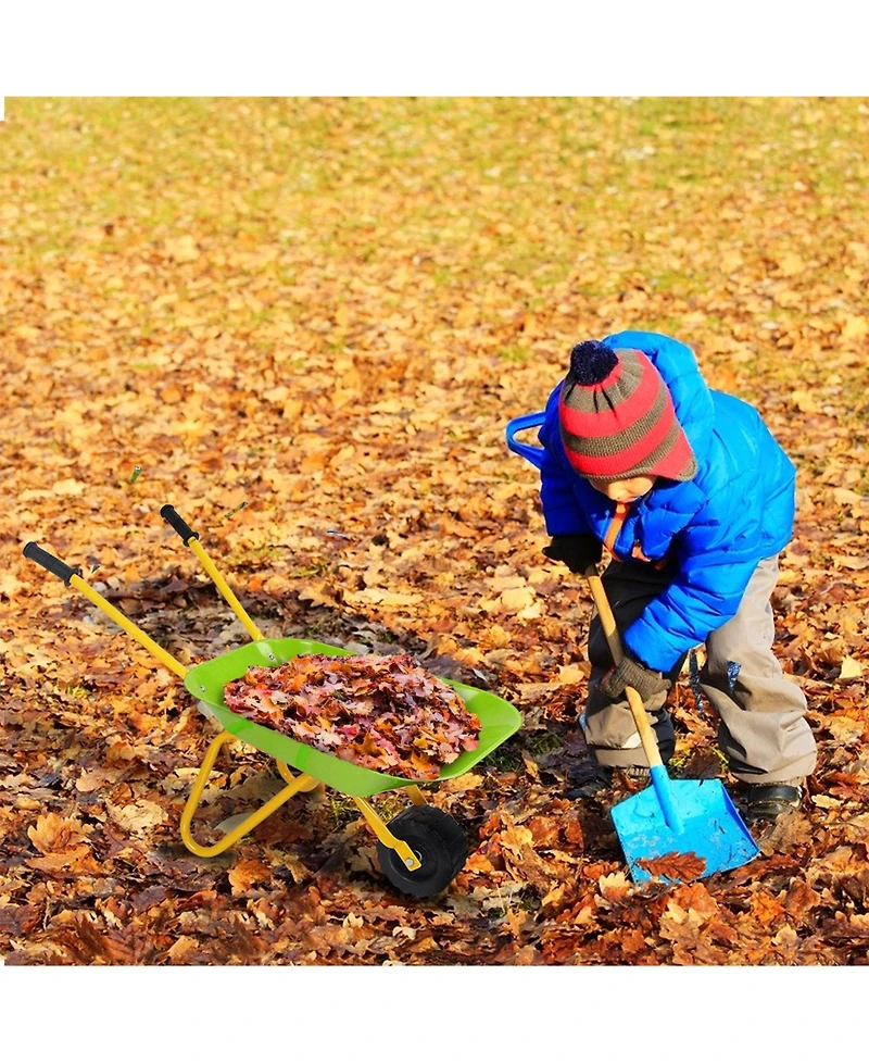 Sugift Outdoor Garden Backyard Play Toy Kids Metal Wheelbarrow-Light Green