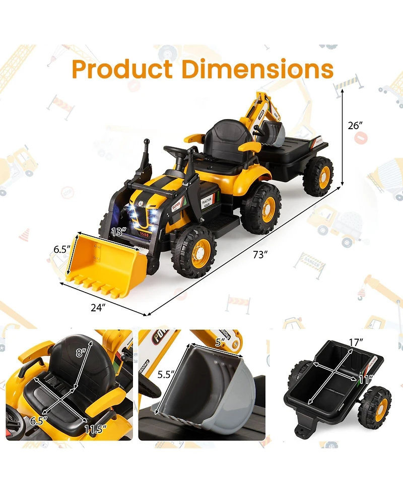 Gymax 4 in 1 Ride on Tractor Excavator and Bulldozer for Kids Trailer Shovel Bucket