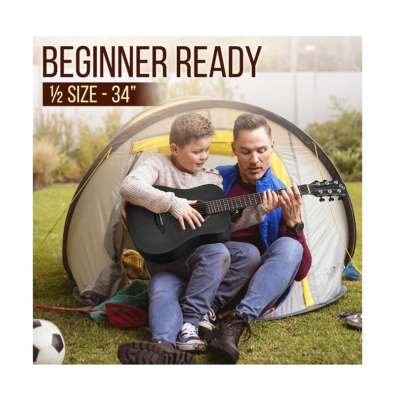 Pyle 34" Acoustic Guitar Kit - 6-String 1/2 Junior Size Guitar with Accessories, Black (PGA820BK)