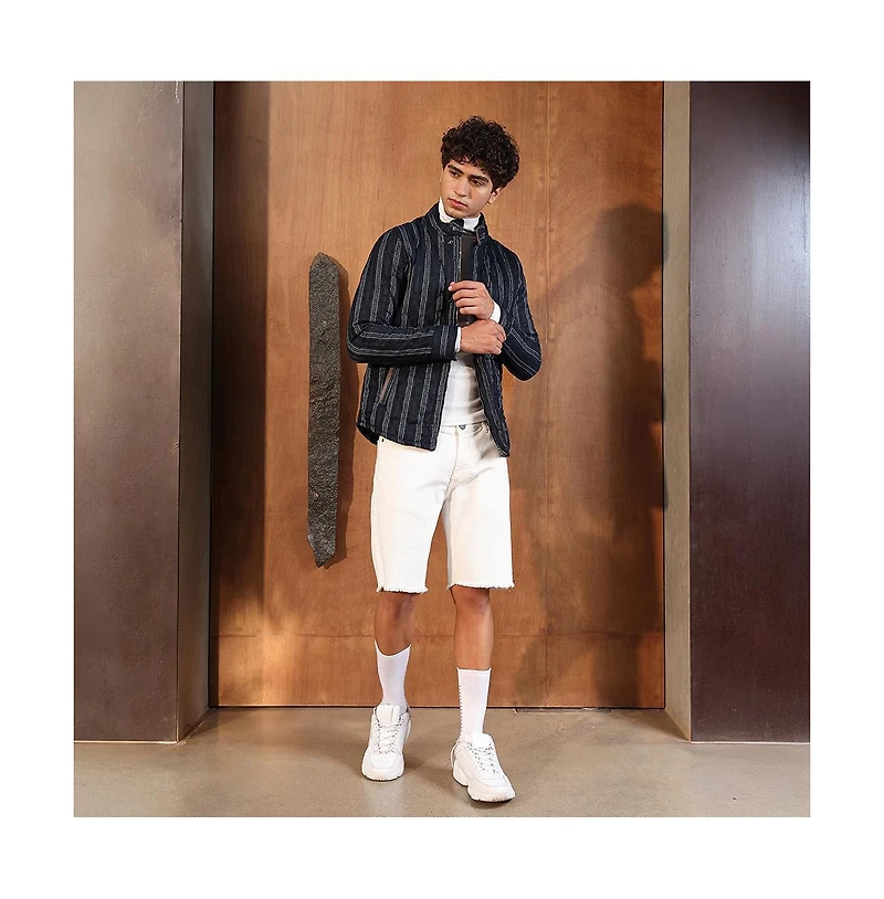 Campus Sutra Men's Navy Blue Woven-Striped Quilted Jacket