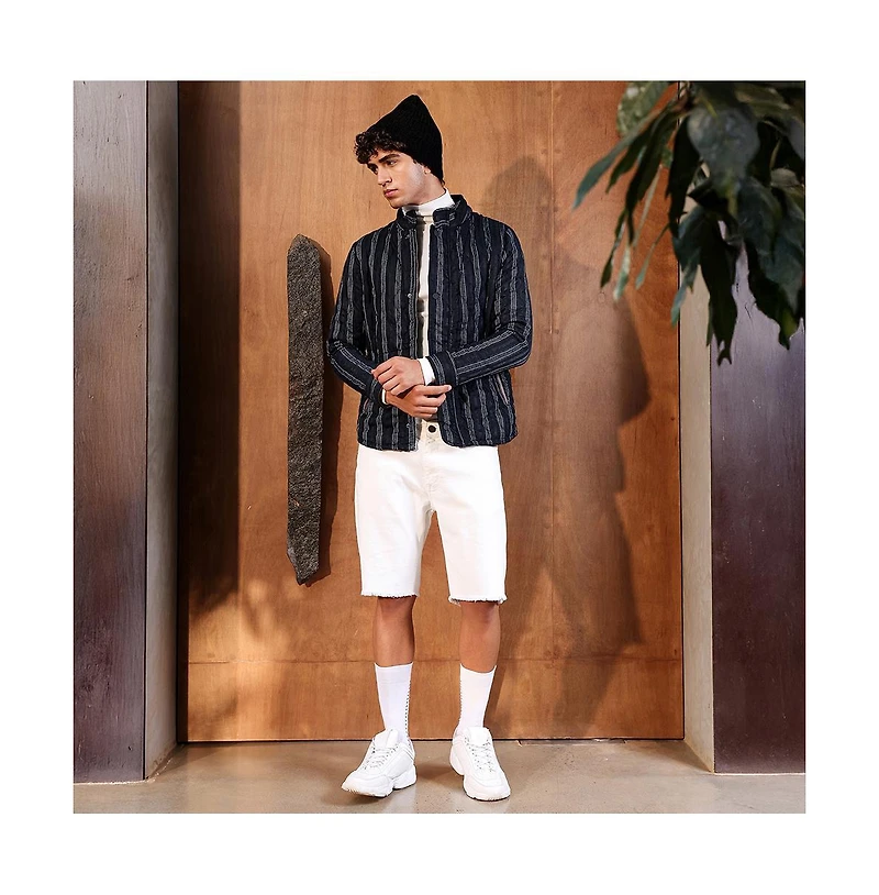 Campus Sutra Men's Navy Blue Woven-Striped Quilted Jacket