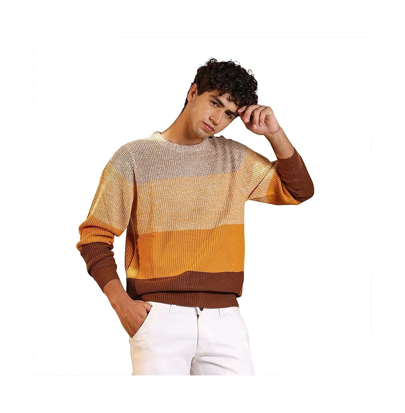 Campus Sutra Men's Pumpkin Orange & Chocolate Brown Panel-Jacquard Knit Pullover Sweater