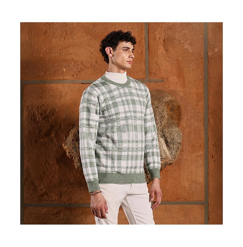 Campus Sutra Men's Olive Green Plaid-Jacquard Knit Pullover Sweater