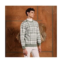 Campus Sutra Men's Olive Green Plaid-Jacquard Knit Pullover Sweater