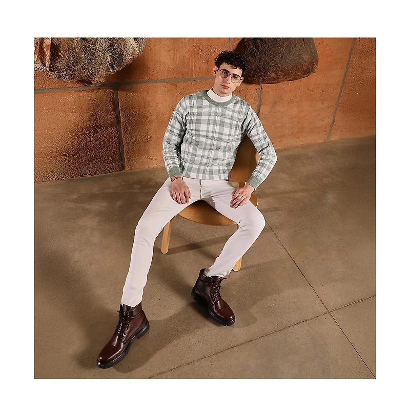 Campus Sutra Men's Olive Green Plaid-Jacquard Knit Pullover Sweater