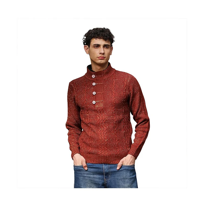 Campus Sutra Men's Terracotta Brown Heathered-Jacquard Knit Fisherman Sweater