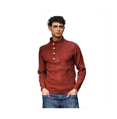 Campus Sutra Men's Terracotta Brown Heathered-Jacquard Knit Fisherman Sweater
