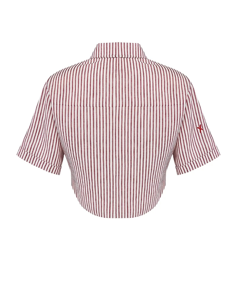 Pcfg Women's Red Striped Linen Crop Shirt