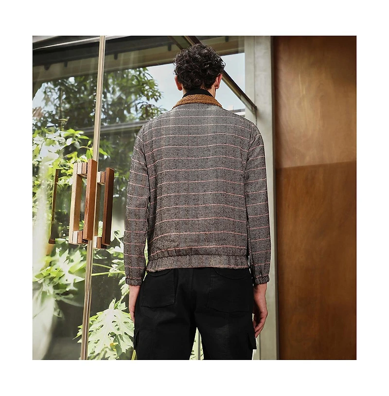 Campus Sutra Men's Midnight Black & Cream White Chevron-Jacquard Sherpa-Lined Jacket