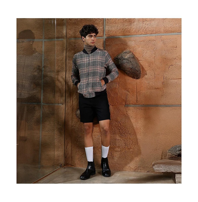 Campus Sutra Men's Midnight Black & Chocolate Brown Tartan-Plaid Bomber Jacket