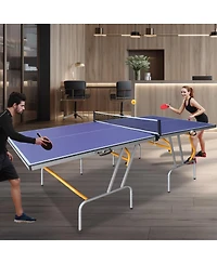 Rbied 9FT Foldable Table Tennis Table Set with Net, Paddles and Balls, Mid-Size Blue Mdf Ping Pong Table with Aluminum Frame for Indoor Apartment