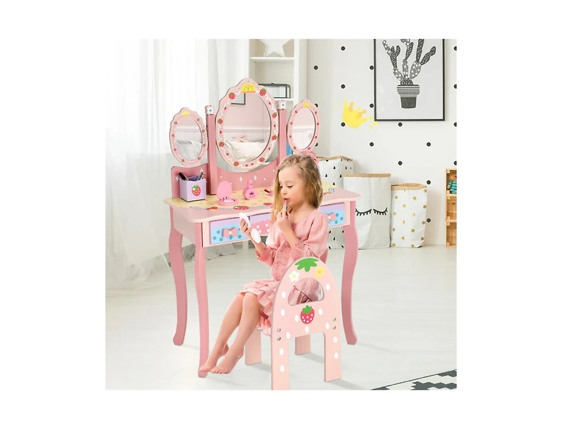 Boyel Living Kids Vanity Princess Makeup Dressing Table Chair Set with Tri-fold Mirror, White