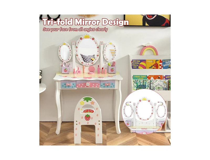 Boyel Living Kids Vanity Princess Makeup Dressing Table Chair Set with Tri-fold Mirror, White