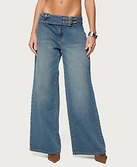 Edikted Women's Double Buckle Low Rise Baggy Jeans