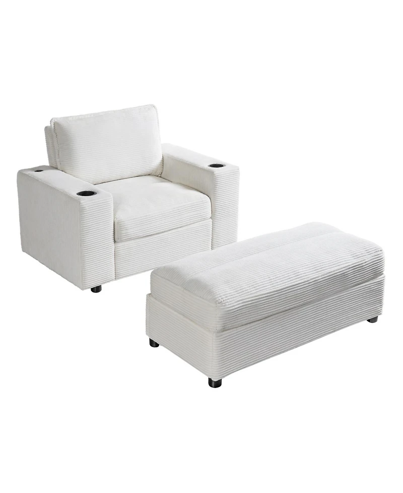 Streamdale Furniture Oversized Corduroy Chaise Lounge with Storage Ottoman, Cup Holders & Usb