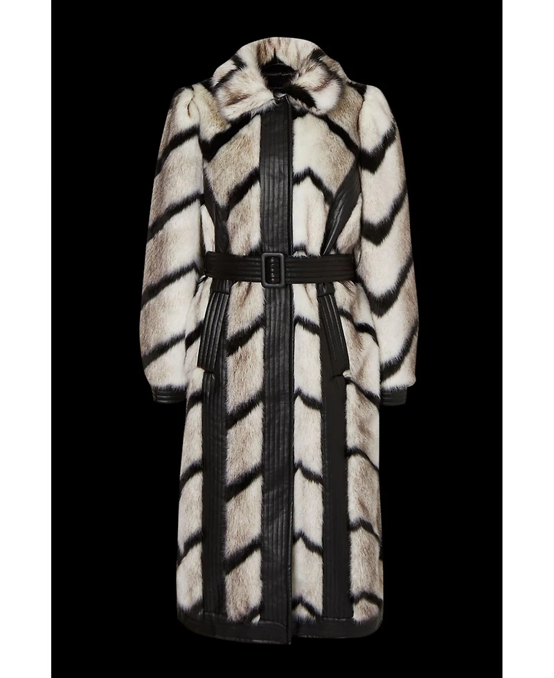 Karen Millen Women's Stripe Faux Fur Belted Long Coat