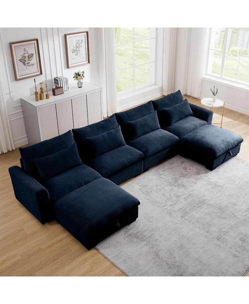 Streamdale Furniture Blue Corduroy U-Shaped Sectional Sofa with Storage Ottomans & Pillows