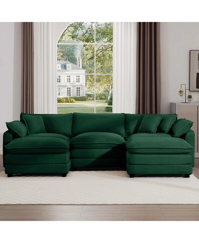 Streamdale Furniture Oversized Modular Cushion Sofa with Ottoman, L-Shaped Corner Sofa Bed, Green Corduroy