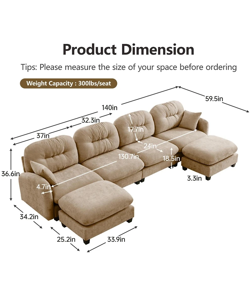 Streamdale Furniture Modular Sectional U Shaped Couch with Ottoman, Soft Chenille Fabric, Camel
