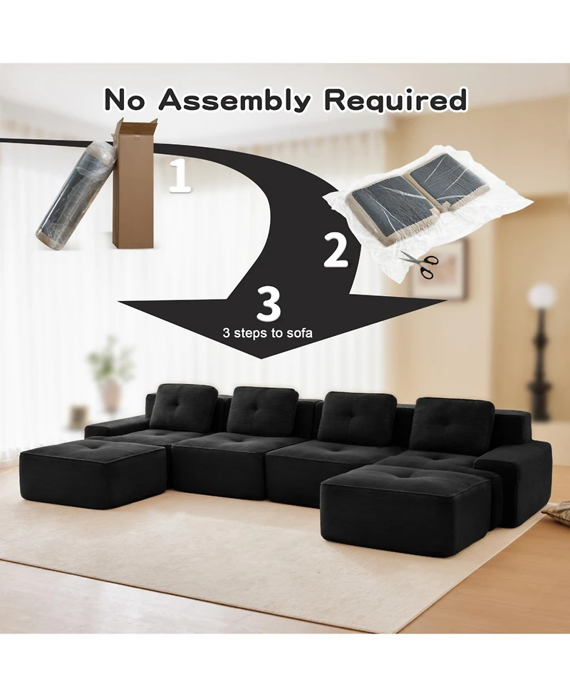 Streamdale Furniture 153" Modern U-Shaped Corduroy Sectional Sofa, 4-Seater Couch with Ottomans, Black